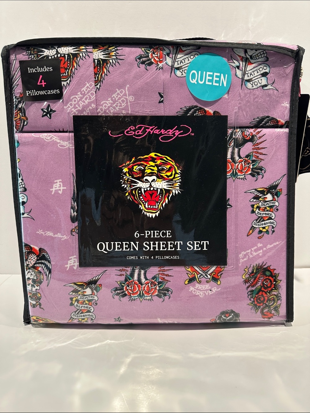 NWT Ed Hardy Death Before Dishonor 6 Piece Queen Sheet Set with 4 Pillowcases.